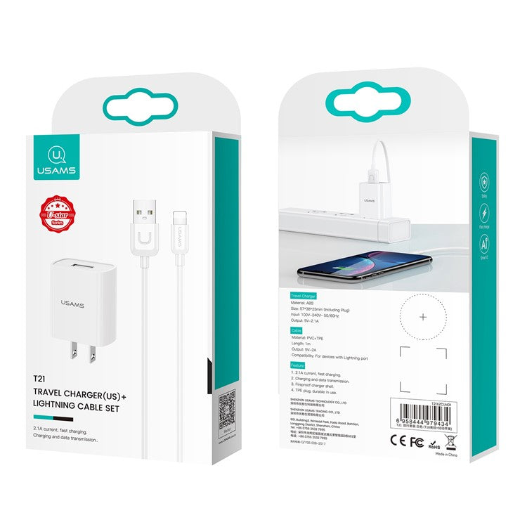 USAMS T21 Travel Wall Charger US Plug Power Adapter with USB to Lightning Cable - White