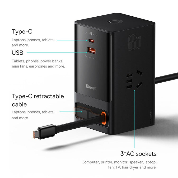 BASEUS PowerCombo Digital Power Strip 3AC+1U+1C+Retractable-C 65W Wall Chharger with 1.5m Power Cord CN Plug - Black