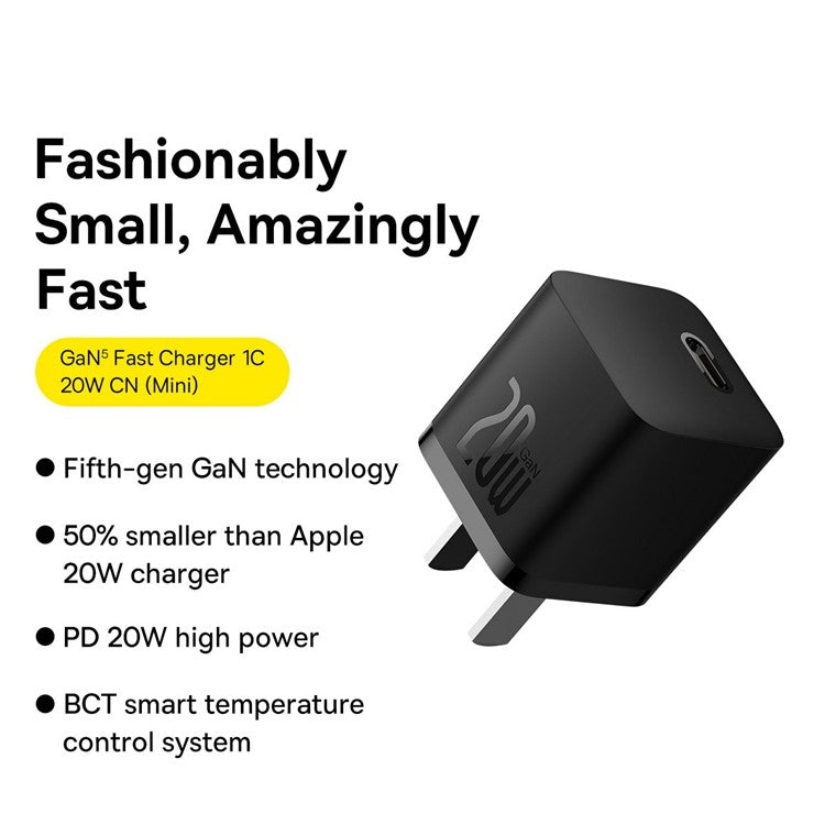 BASEUS GaN5 Fast Charger 1C 20W CN Plug Mini Wall Charger Adapter Compatible with iPhone 13 / 12 Series - Black