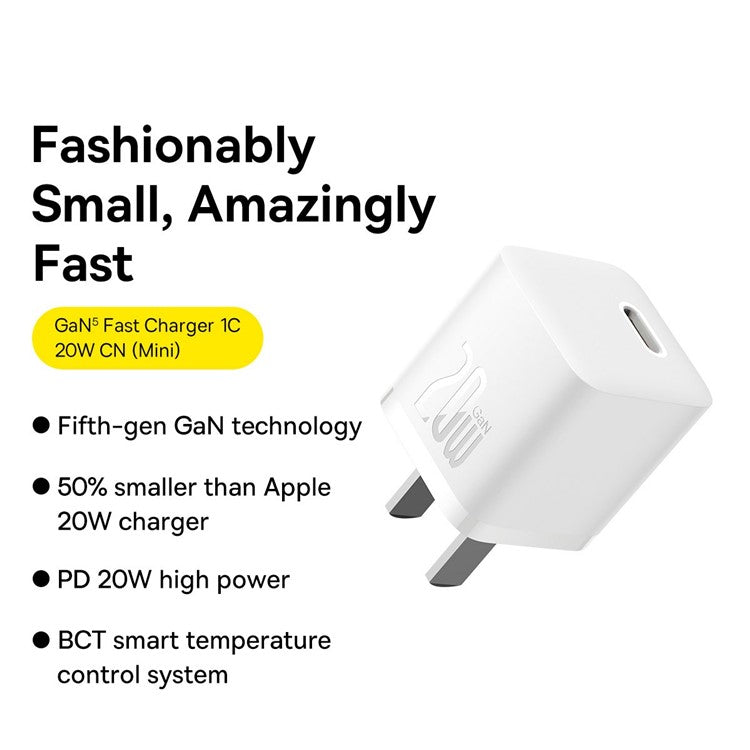 BASEUS GaN5 Fast Charger 1C 20W CN Plug Mini Wall Charger Adapter Compatible with iPhone 13 / 12 Series - White