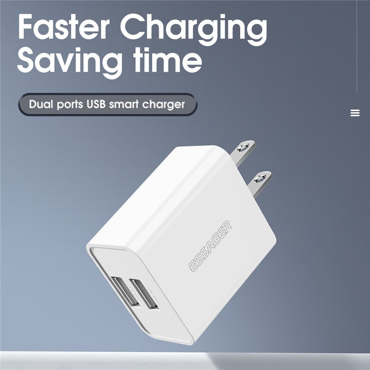 ESSAGER 2A 10W High Power Travel Charger Dual Ports USB Smart Charger, US Plug / White