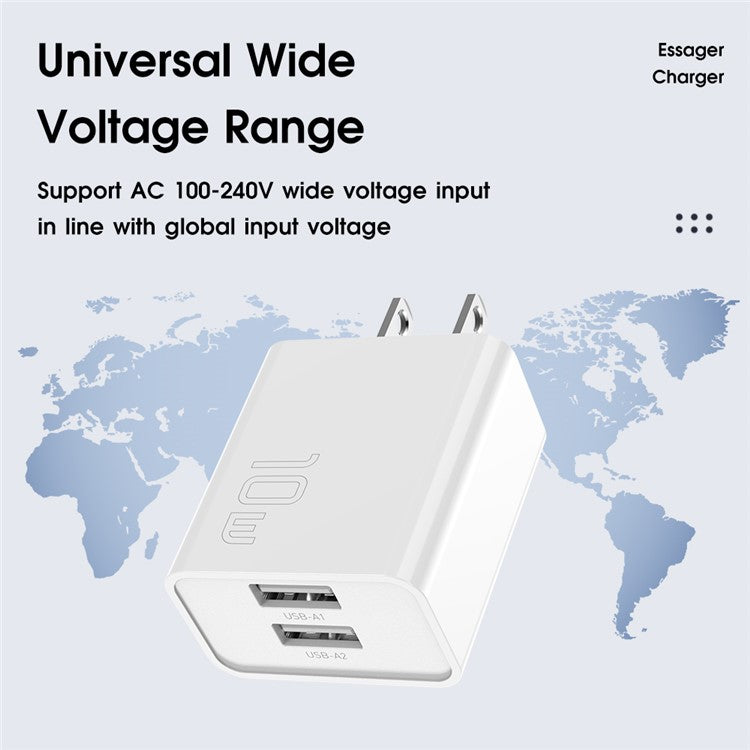 ESSAGER 2A 10W High Power Travel Charger Dual Ports USB Smart Charger, US Plug / White