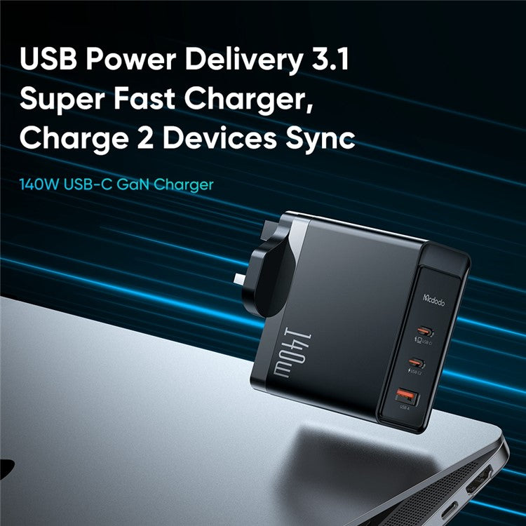 MCDODO CH-290 MDD GaN 5 Pro 140W Fast Wall Charger 3-Port Power Charger Quick Power Phone Tablet Laptop Charging Station - UK Plug