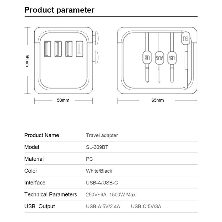 309BT Multi-functional Travel Adapter Smart Wall Charger AC Plug Adaptor with Indicator Light - White