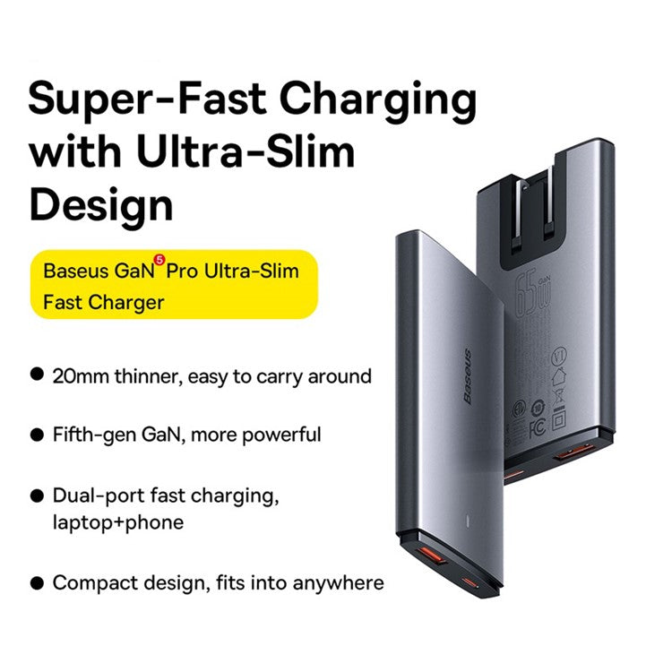 BASEUS CCGAN65C5-UT GaN5 Pro Ultra-Slim Fast Charger Dual Port 65W Phone Charger (Overseas Edition, with EU+UK Plug Adapter)