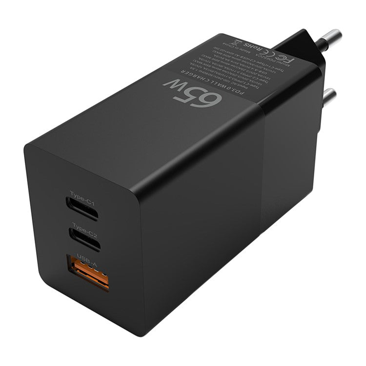 i10 65W Fast Charging GaN Charger 2x Type-C + 1x USB-A PD QC 3.0 Charging Adapter - EU Plug