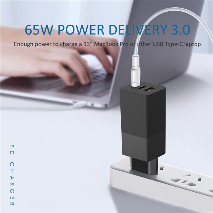 i10 65W Fast Charging GaN Charger 2x Type-C + 1x USB-A PD QC 3.0 Charging Adapter - EU Plug