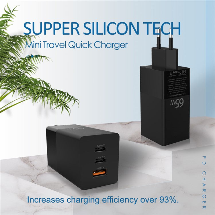 i10 65W Fast Charging GaN Charger 2x Type-C + 1x USB-A PD QC 3.0 Charging Adapter - EU Plug