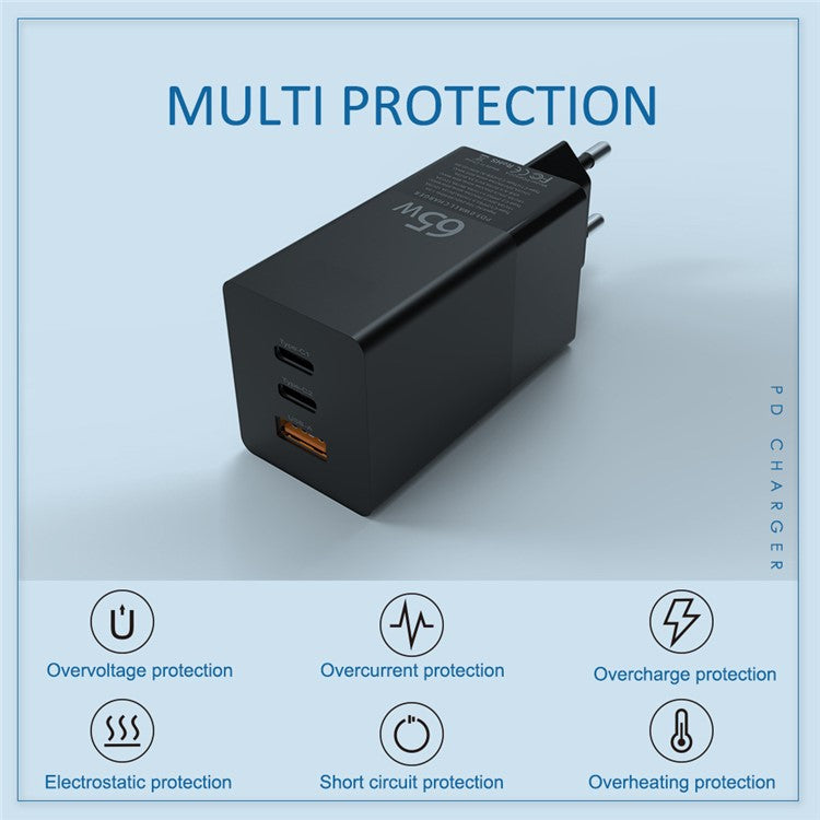 i10 65W Fast Charging GaN Charger 2x Type-C + 1x USB-A PD QC 3.0 Charging Adapter - EU Plug