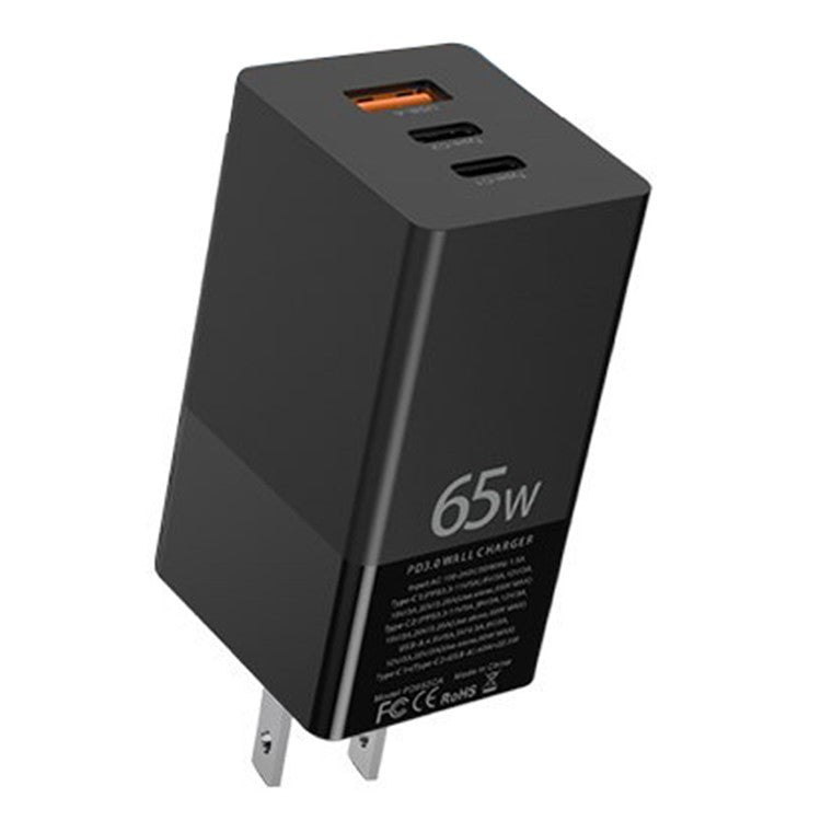 i10 65W Fast Charging GaN Charger 2x Type-C + 1x USB-A PD QC 3.0 Charging Adapter - US Plug