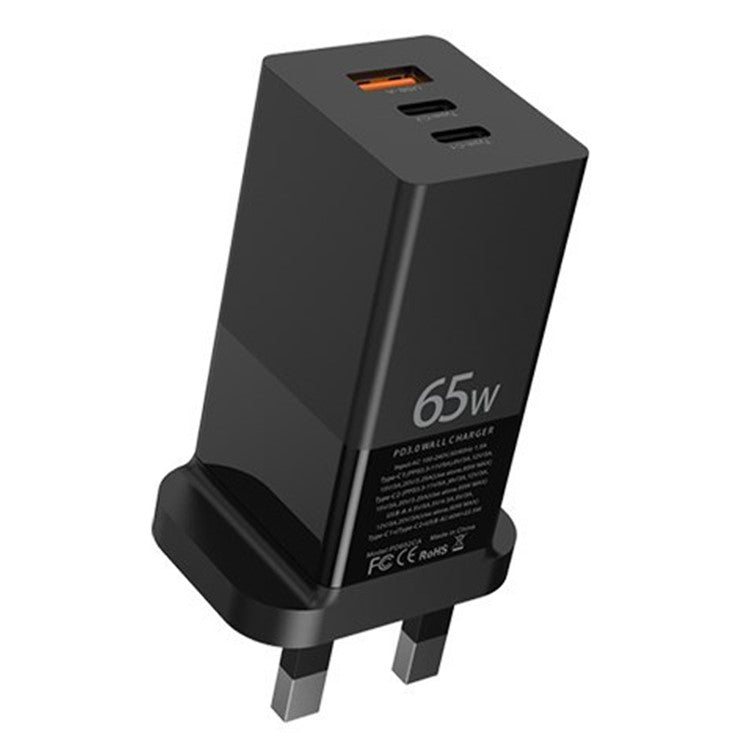 i10 65W Fast Charging GaN Charger 2x Type-C + 1x USB-A PD QC 3.0 Charging Adapter - UK Plug