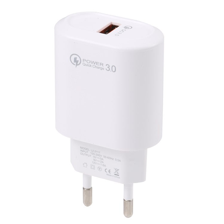 LZ-2117 18W QC3.0 3.1A USB Single Port Wall Charger Phone Tablet Fast Charging Adapter - White / EU Plug