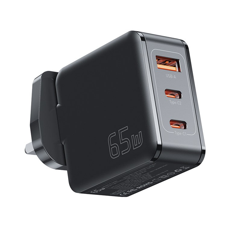 ESSAGER 65W Multi-Port GaN Quick Charger 2 USB-C+USB-A Portable Mini Wall Charger Adapter - UK Plug / Black