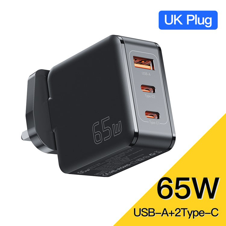 ESSAGER 65W Multi-Port GaN Quick Charger 2 USB-C+USB-A Portable Mini Wall Charger Adapter - UK Plug / Black