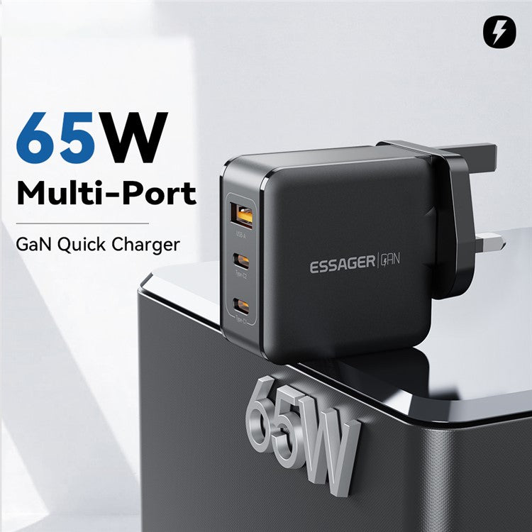 ESSAGER 65W Multi-Port GaN Quick Charger 2 USB-C+USB-A Portable Mini Wall Charger Adapter - UK Plug / Black