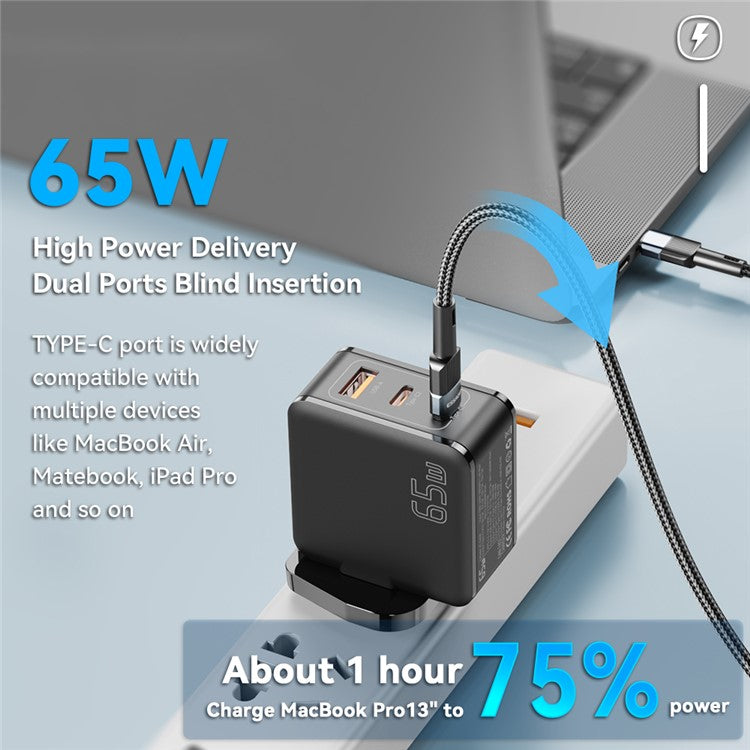 ESSAGER 65W Multi-Port GaN Quick Charger 2 USB-C+USB-A Portable Mini Wall Charger Adapter - UK Plug / Black