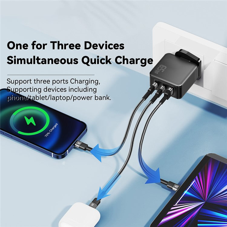 ESSAGER 65W Multi-Port GaN Quick Charger 2 USB-C+USB-A Portable Mini Wall Charger Adapter - UK Plug / Black