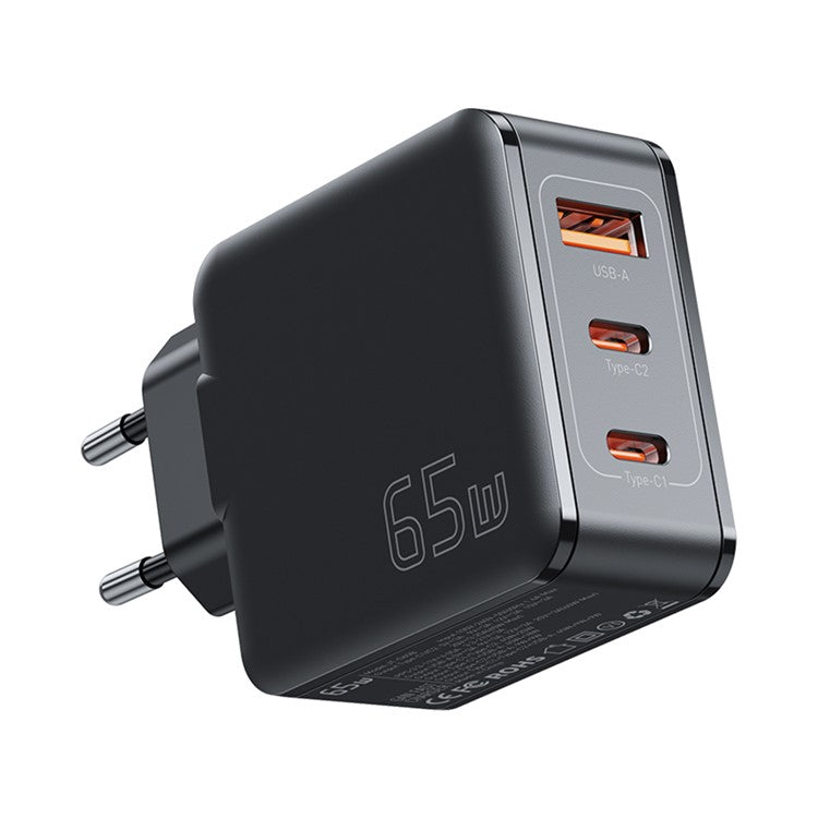 ESSAGER 65W Multi-Port GaN Quick Charger 2 USB-C+USB-A Portable Mini Wall Charger Adapter - EU Plug / Black