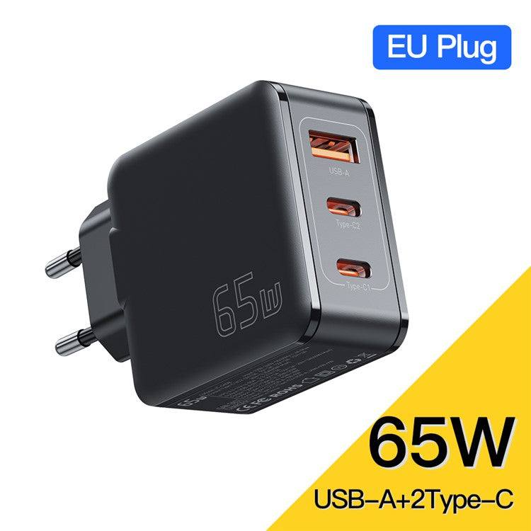 ESSAGER 65W Multi-Port GaN Quick Charger 2 USB-C+USB-A Portable Mini Wall Charger Adapter - EU Plug / Black