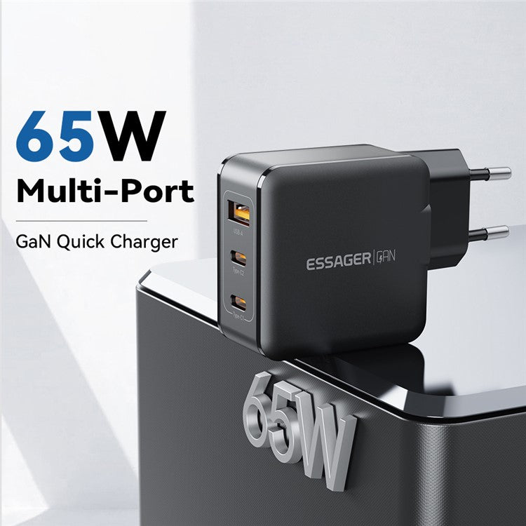 ESSAGER 65W Multi-Port GaN Quick Charger 2 USB-C+USB-A Portable Mini Wall Charger Adapter - EU Plug / Black