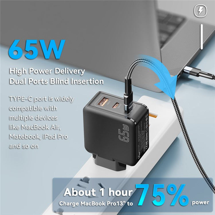 ESSAGER 65W Multi-Port GaN Quick Charger 2 USB-C+USB-A Portable Mini Wall Charger Adapter - EU Plug / Black