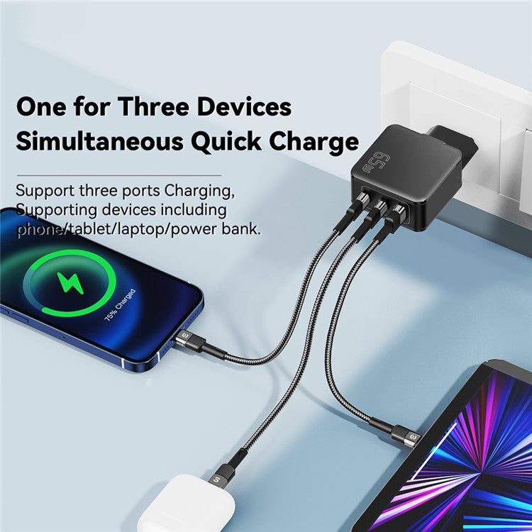 ESSAGER 65W Multi-Port GaN Quick Charger 2 USB-C+USB-A Portable Mini Wall Charger Adapter - EU Plug / Black