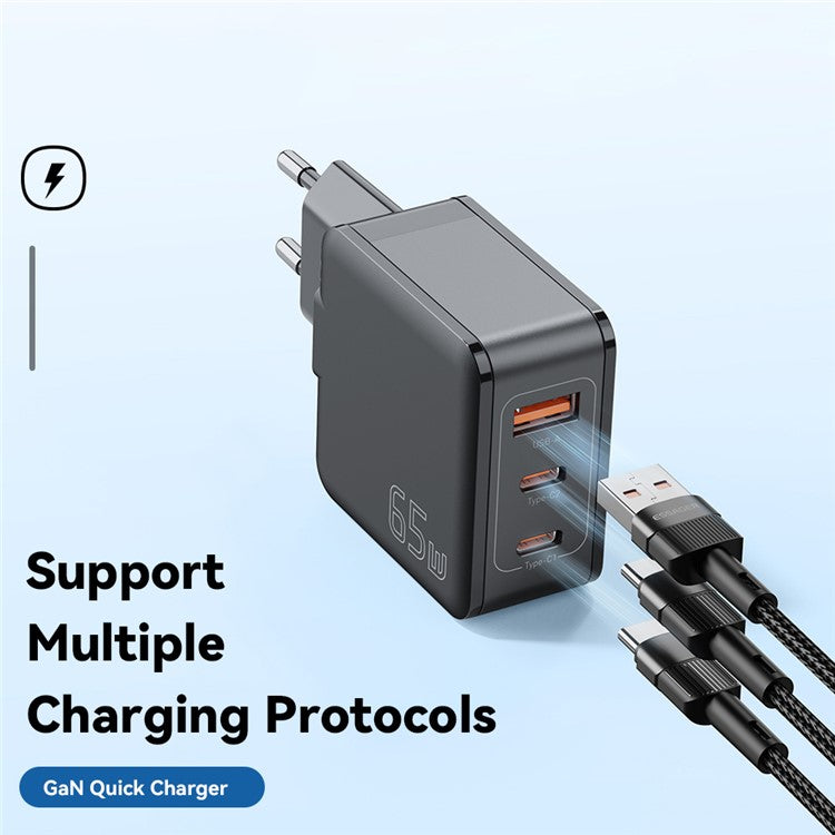 ESSAGER 65W Multi-Port GaN Quick Charger 2 USB-C+USB-A Portable Mini Wall Charger Adapter - EU Plug / Black