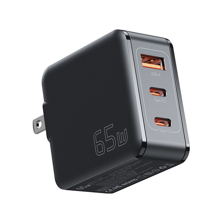 ESSAGER 65W Multi-Port GaN Quick Charger 2 USB-C+USB-A Portable Mini Wall Charger Adapter - US Plug / Black