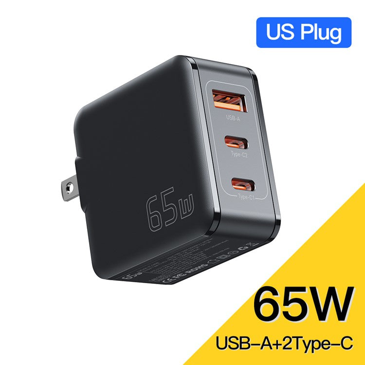 ESSAGER 65W Multi-Port GaN Quick Charger 2 USB-C+USB-A Portable Mini Wall Charger Adapter - US Plug / Black