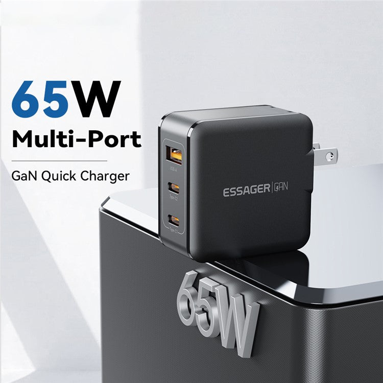 ESSAGER 65W Multi-Port GaN Quick Charger 2 USB-C+USB-A Portable Mini Wall Charger Adapter - US Plug / Black