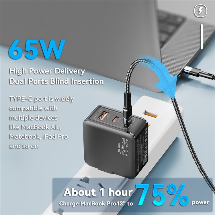 ESSAGER 65W Multi-Port GaN Quick Charger 2 USB-C+USB-A Portable Mini Wall Charger Adapter - US Plug / Black