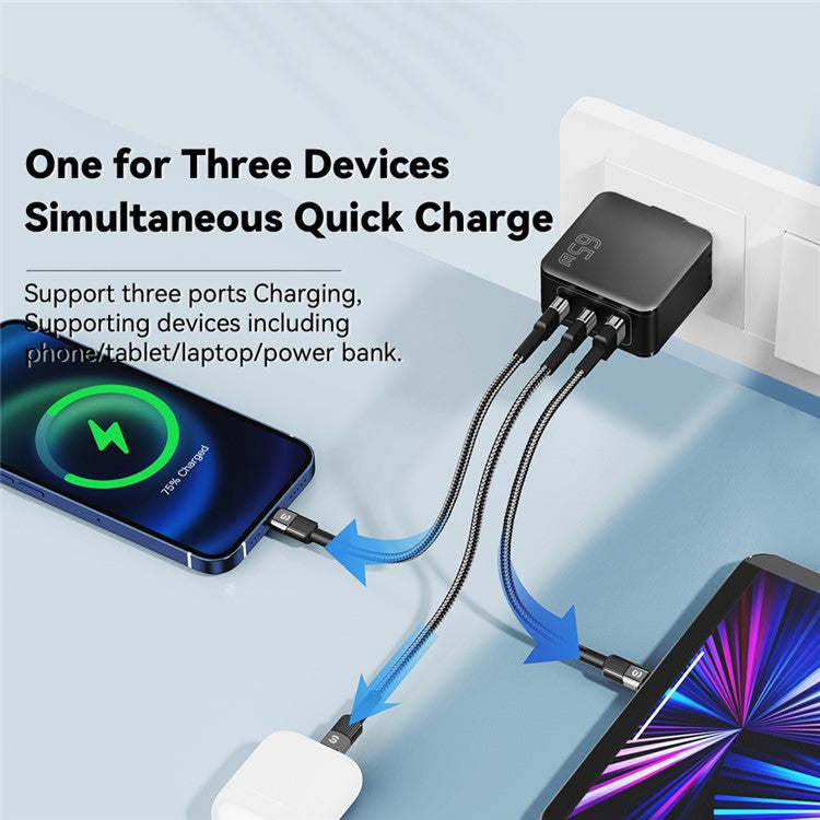 ESSAGER 65W Multi-Port GaN Quick Charger 2 USB-C+USB-A Portable Mini Wall Charger Adapter - US Plug / Black