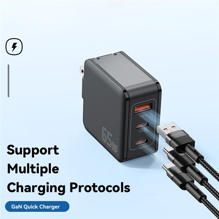 ESSAGER 65W Multi-Port GaN Quick Charger 2 USB-C+USB-A Portable Mini Wall Charger Adapter - US Plug / Black