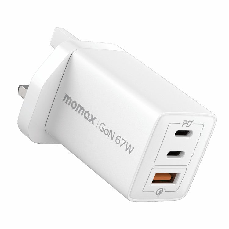 MOMAX 67W Fast Charging 3-Port GaN Wall Charger Travel Power Adapter, UK Plug - White