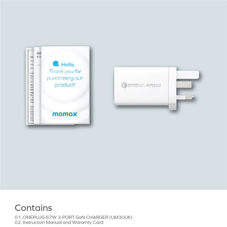 MOMAX 67W Fast Charging 3-Port GaN Wall Charger Travel Power Adapter, UK Plug - White