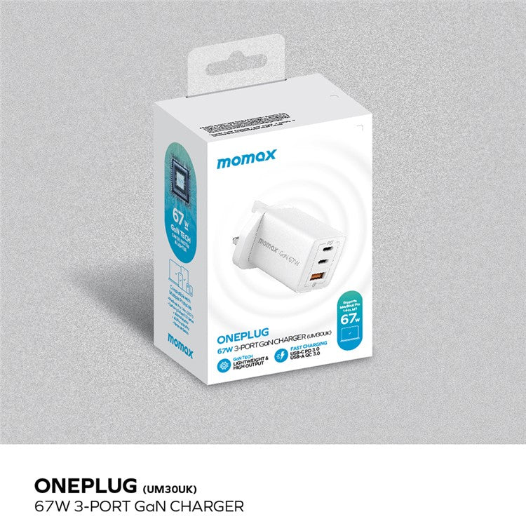 MOMAX 67W Fast Charging 3-Port GaN Wall Charger Travel Power Adapter, UK Plug - White