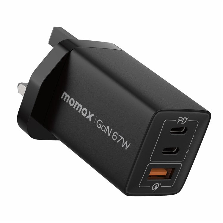 MOMAX 67W Fast Charging 3-Port GaN Wall Charger Travel Power Adapter, UK Plug - Black