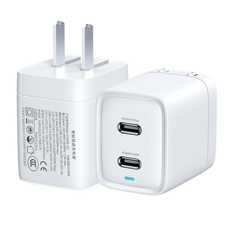 XUNDD XDCH-043 40W PD Fast Charging GaN Phone Charger Fireproof PC Dual Type-C Wall Charger - CN Plug