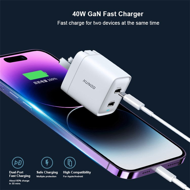 XUNDD XDCH-043 40W PD Fast Charging GaN Phone Charger Fireproof PC Dual Type-C Wall Charger - CN Plug