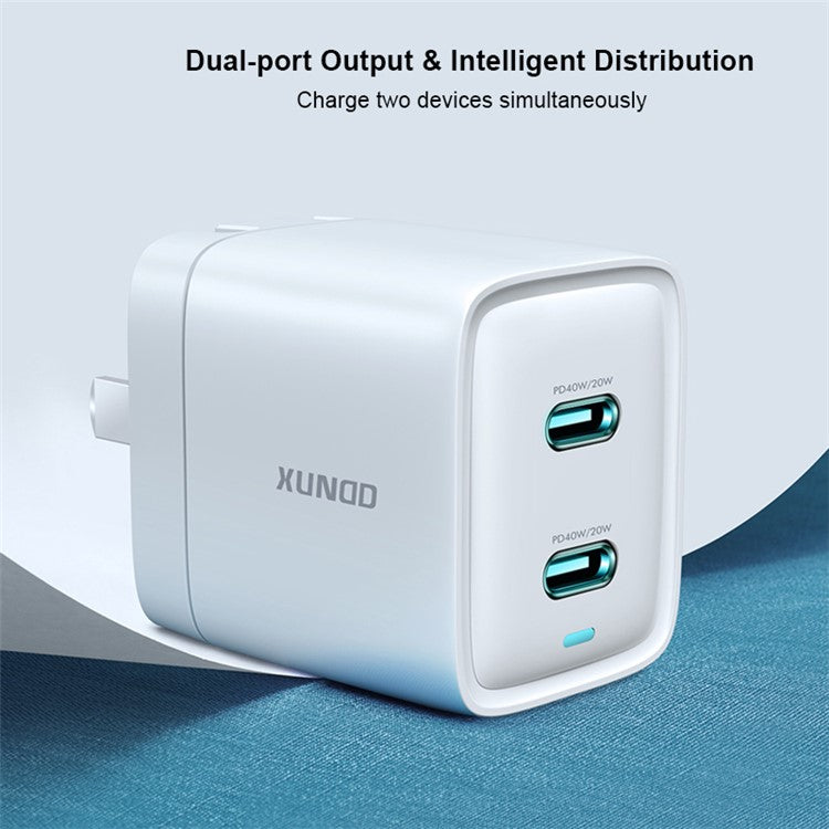 XUNDD XDCH-043 40W PD Fast Charging GaN Phone Charger Fireproof PC Dual Type-C Wall Charger - CN Plug