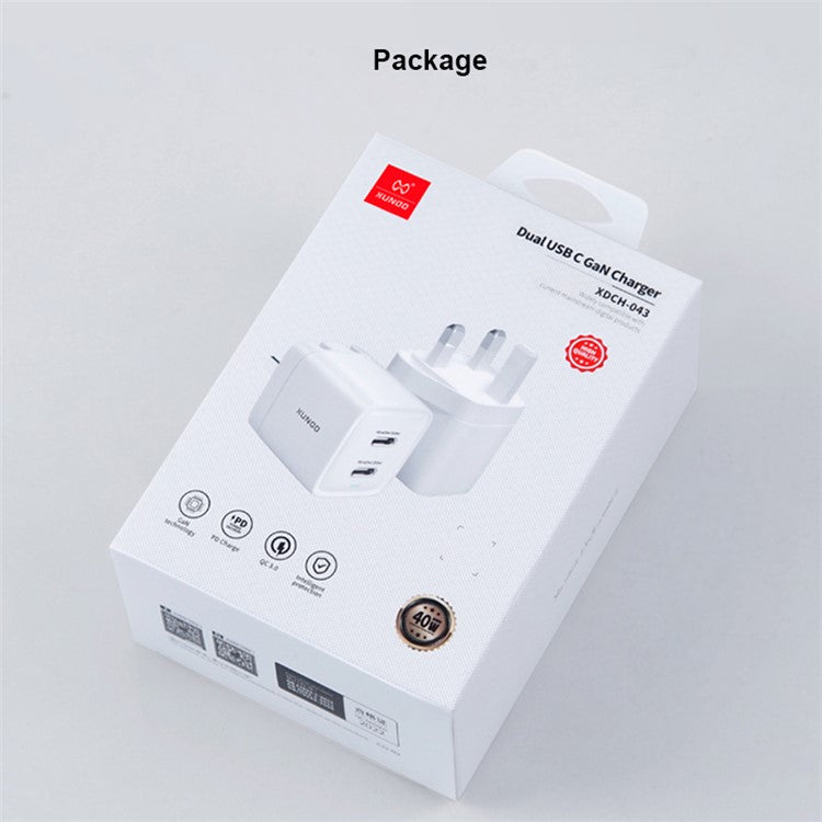 XUNDD XDCH-043 40W PD Fast Charging GaN Phone Charger Fireproof PC Dual Type-C Wall Charger - CN Plug