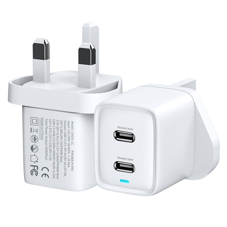 XUNDD XDCH-043 40W PD Fast Charging GaN Phone Charger Fireproof PC Dual Type-C Wall Charger - UK Plug