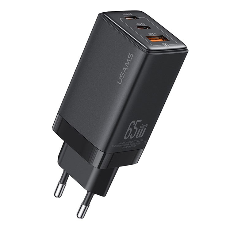 USAMS US-CC180 Sandru Series 65W 3 Ports GaN Fast Charger Block 2USB-C+1USB-A Wall Charger, EU Plug - Black