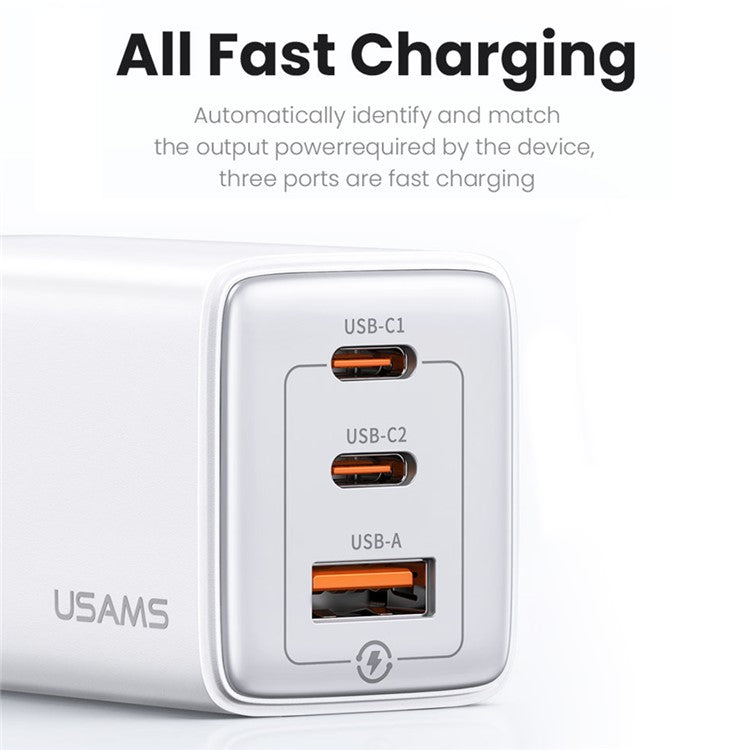 USAMS US-CC180 Sandru Series 65W 3 Ports GaN Fast Charger Block 2USB-C+1USB-A Wall Charger, EU Plug - Black