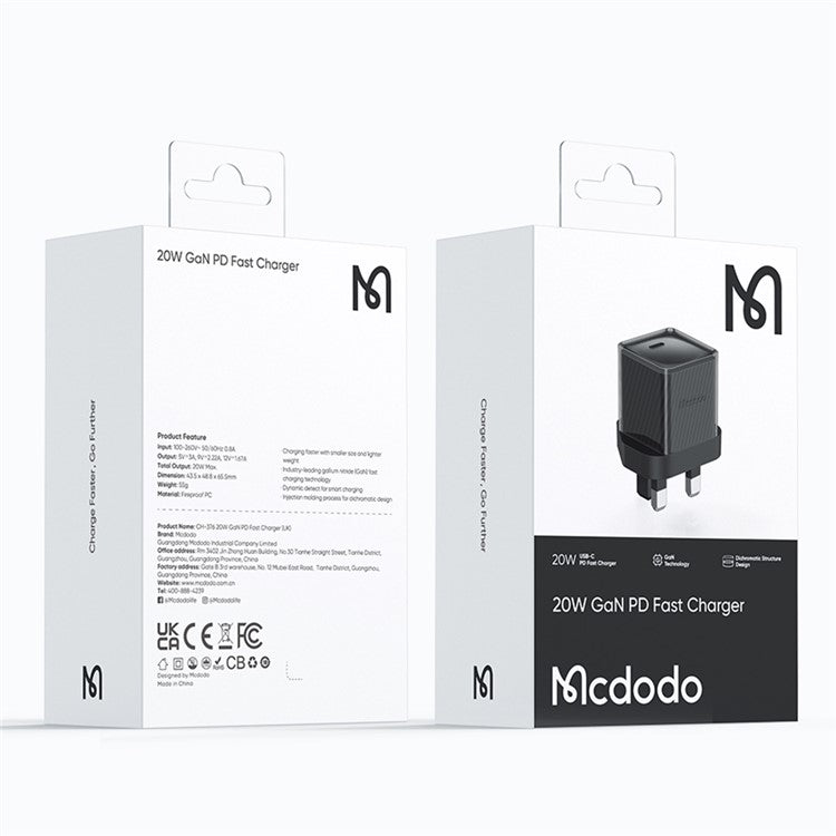 MCDODO CH-376-MDD UK Plug 20W GaN Single Type-C PD Phone Charing Adapter Fireproof PC Wall Charger - Black