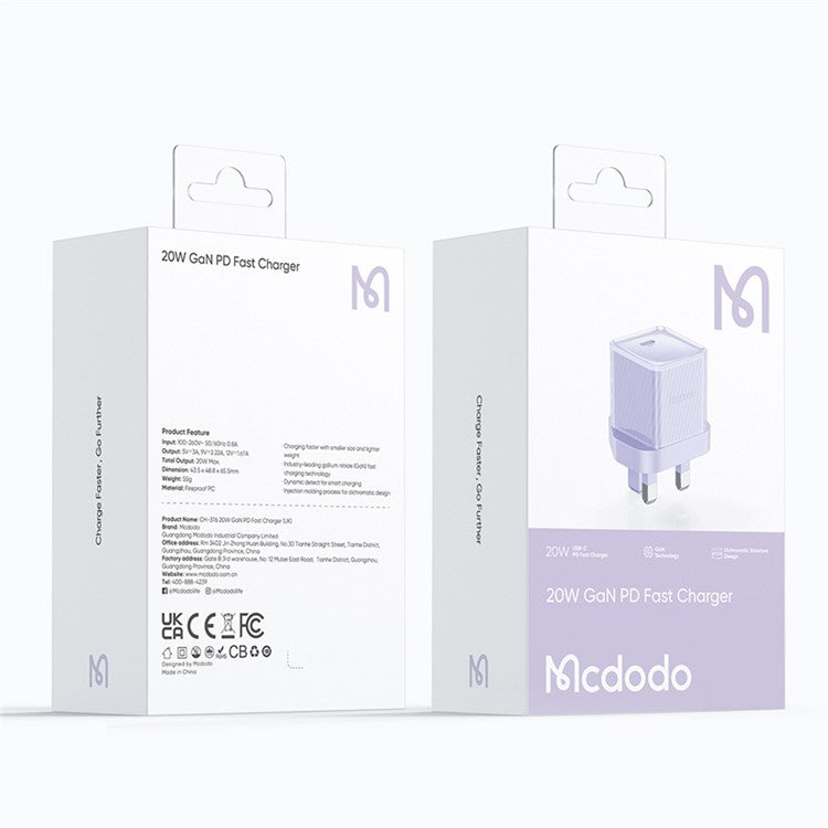 MCDODO CH-376-MDD UK Plug 20W GaN Single Type-C PD Phone Charing Adapter Fireproof PC Wall Charger - Purple