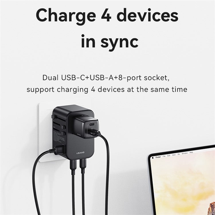 USAMS US-CC199 T62 65W GaN Fast Charging Phone Charger Dual Type-C+USB-A Universal Charger (US / AU / UK / EU Plug)