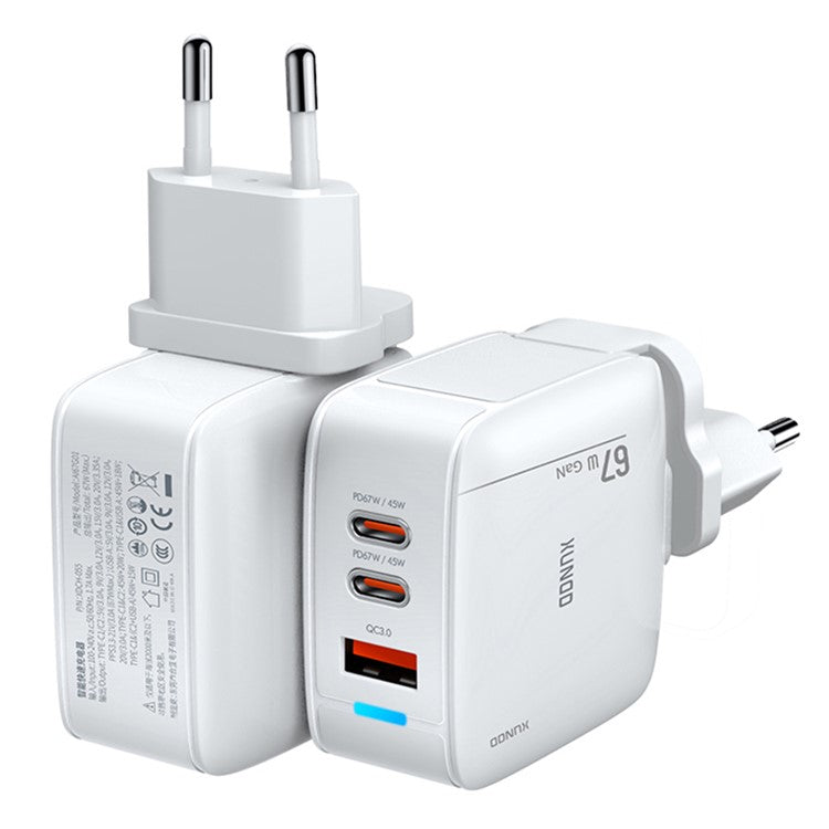 XUNDD XDCH-055 67W Fast Charging Adapter Dual Type-C+USB-A 3.0 Wall Charger - CN+EU Plug