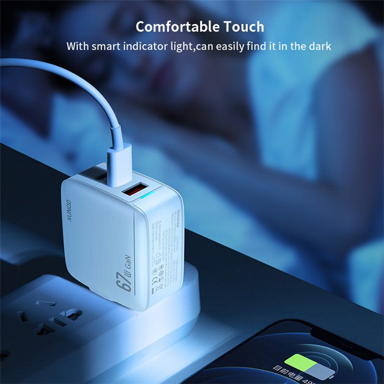 XUNDD XDCH-055 67W Fast Charging Adapter Dual Type-C+USB-A 3.0 Wall Charger - CN+EU Plug