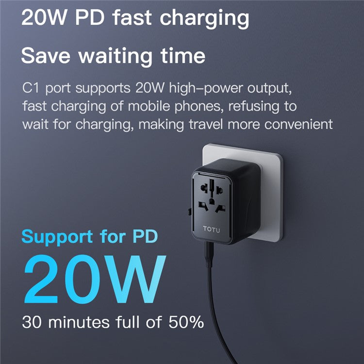 TOTU 635DQ Universal Travel Adapter PD 20W Fast Charging Block GaN Worldwide Wall Charger with 1 USB-C+2 USB-A Ports - Black